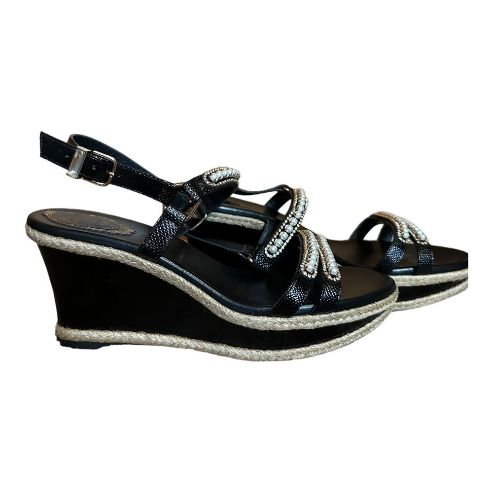 Rene Caovilla Pearly Leather Wedge Sandal, Black - Picture 2 of 10